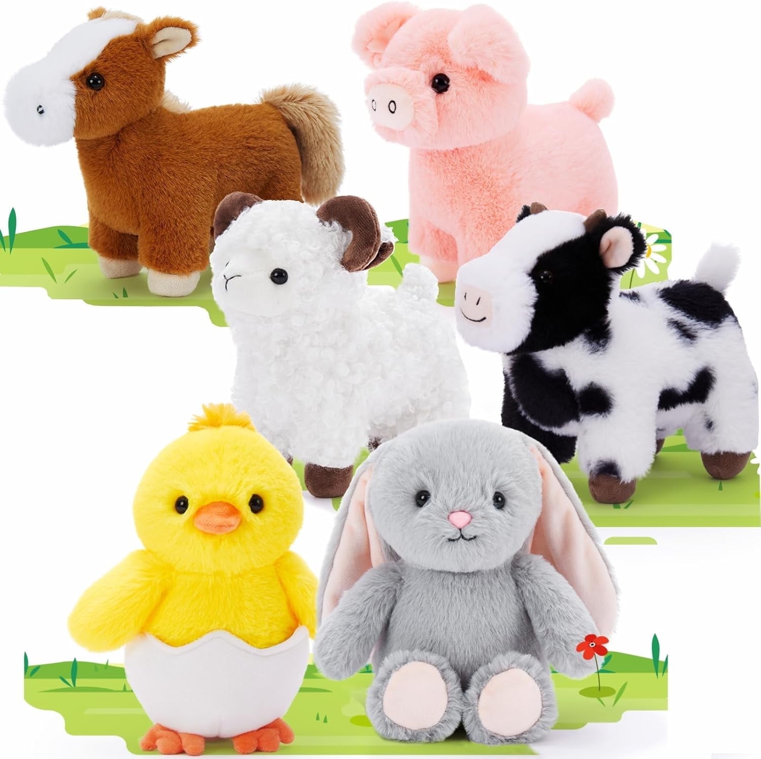 MorisMos 6Pcs Farm Animal Stuffed Animals Bulk with Cow/Horse/Sheep/Pig/Bunny/Chick Plush Toys