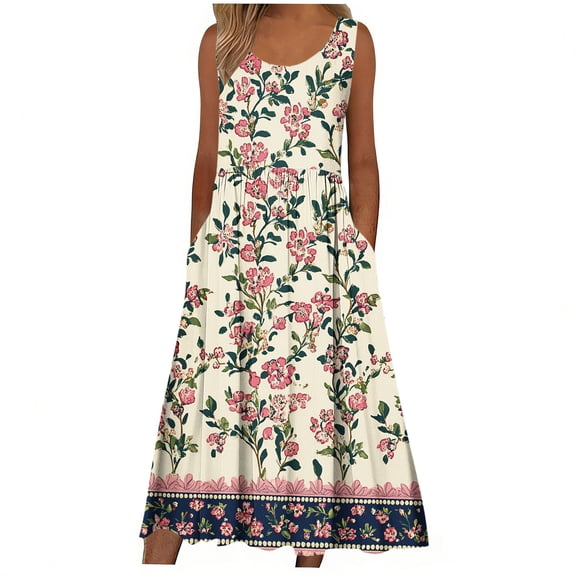 Mifsaly Womens Boho Maxi Dresses Scoop Neck Sleeveless Flowy Summer Sundresses Tiered Floral Print Lightweight Beach Vacation Dress with Pockets XXL