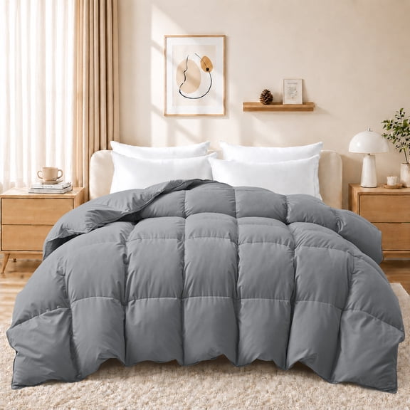 Unikome Heavyweight Goose Down Feather Fiber Comforter, Natural Fill Warm Quilted Comforter, Baffle Box Design, Soft Quiet Fabric, Twin 68 x 90 in, Dark Gray