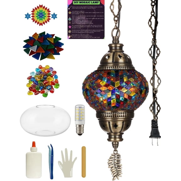 DEMMEX DIY Turkish Mosaic Plug-in Hanging Lamp Kit – NO Grout or Plaster, Beginner-Friendly – Complete Tiffany Mosaic Glass Light-Making Craft Project Kit for Adults and Teens (Multicolor)