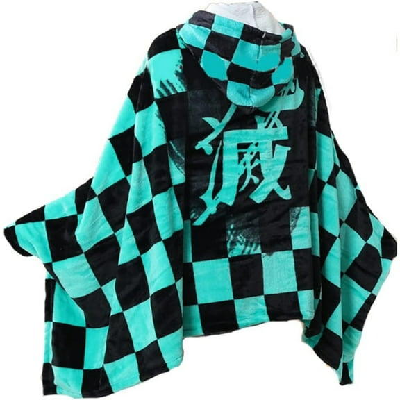 Anime Wearable Blanket Hoodie for Girls Boys Women Men All Season DemonSlayer Throw Blanket 63x40in Tanjirou Cosplay Cloak Shawl Wrap Winter Thermal Fluffy Flannel Nap Quilt 160x100cm for Bed Couch