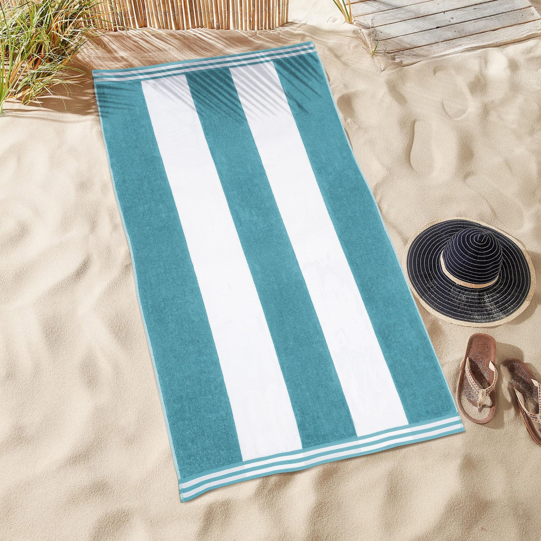 Superior Cabana Striped 1-Piece Oversized Cotton Beach Towel, Turquoise