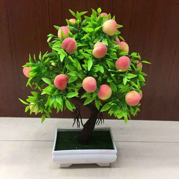 Limei Artificial Potted Fruit Tree Bonsai, Faux Mini Plastic Fruits Plants for Home Wedding Party Bonsai Decor Fake Green Pot Flowers Ornaments Peach Style 10.6*6.7 inch, 1 Pack