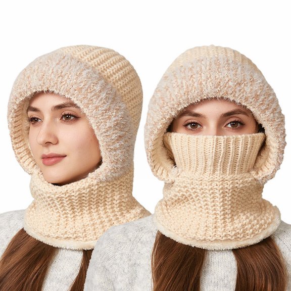 Women's 3-in-1 Full Face Balaclava, Hooded Neck Warmer with Adjustable Face Mask, Winter Windproof Ski Mask, Plush Trim Cold Weather Gear, Unisex Outdoor Face Cover - Beige