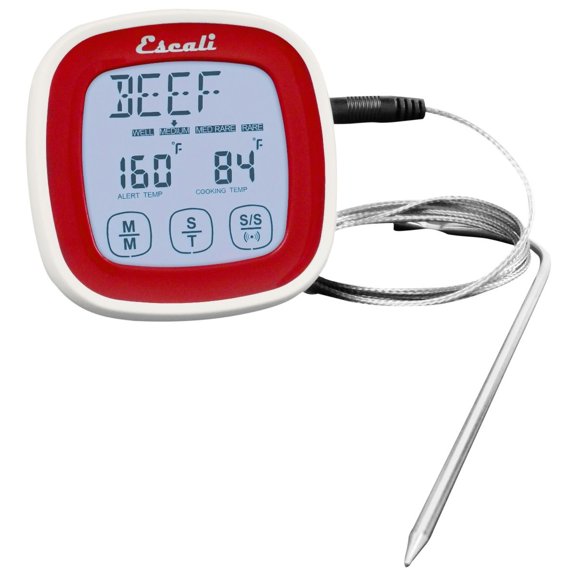 Escali DHR1-R Digital Touch Screen Stainless Steel Probe Thermometer & Timer, Red