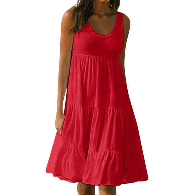 B91xZ Robe Grande Taille pour Femmes, Décolleté en V Profond, à Volants, Sans Manches, Couleur Unie, Mini-Robe, Rouge TG