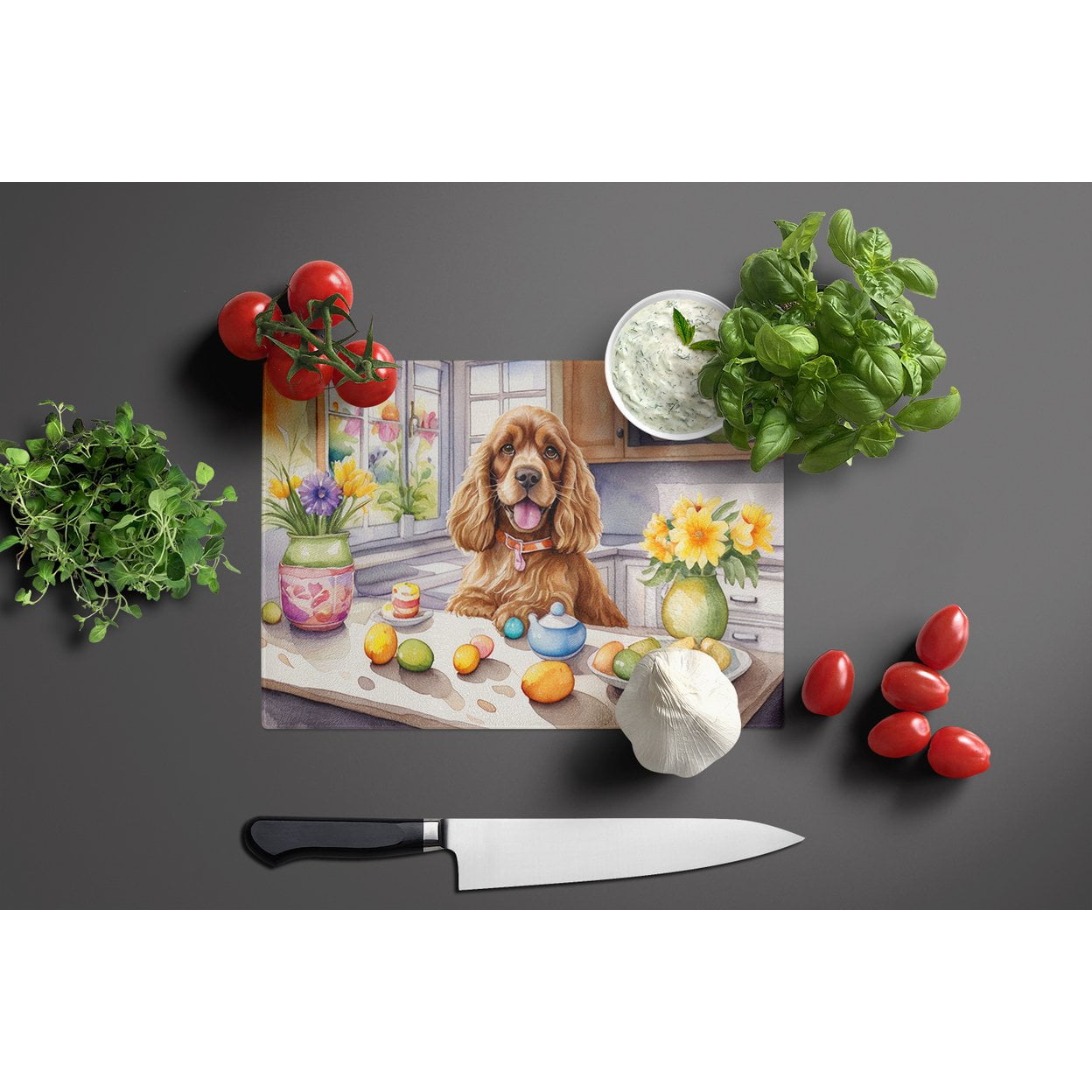 Decorating Easter Cocker Spaniel Glass Cutting Board 12 in x 15 in