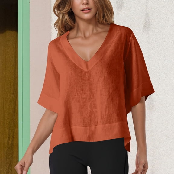 UQJfacai Womens Summer V-Neck T-Shirts Casual Short Sleeve Flowy Tops Textured Cute Loose Fit Basic Tees Shirts S-2XL