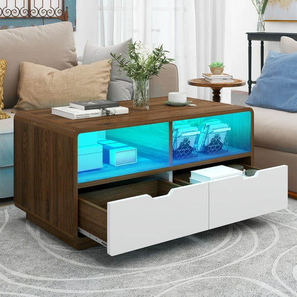 LED Coffee Table with Storage Drawers, Modern Living Room Table, White and Walnut