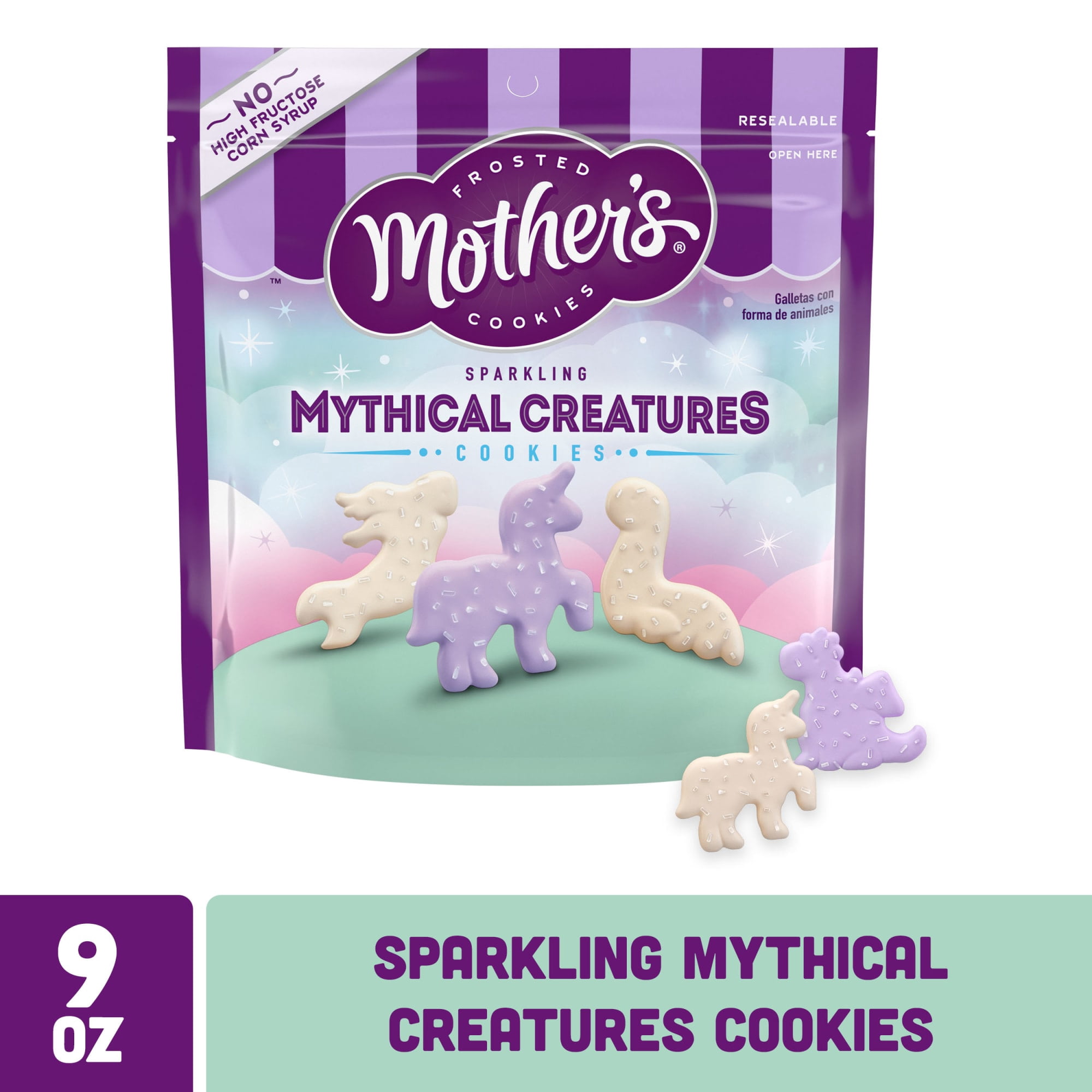 (3 pack) Mother's Sparkling Mythical Creatures Cookies, Frosted Animal Cookies with Silver Sugar Sprinkles, 1 Resealable Bag  9 oz