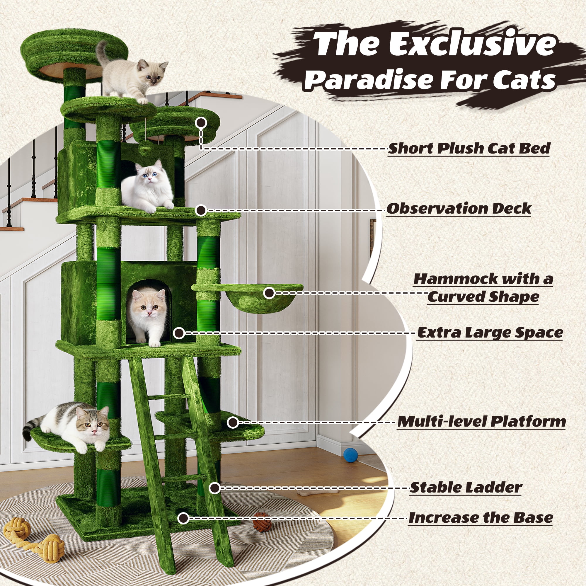 Large Cat Tree, Multi-Level Cat Tower with 2 Private Condos, 3 Perches, Hanging Hammock, Natural Sisal Scratching Posts, Stable Cat Furniture for Multi-Cat Families