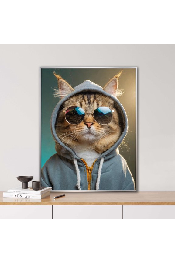 Cat Hoodie Sunglasses Wall Art Print, Unframed Paper Poster 16x20in