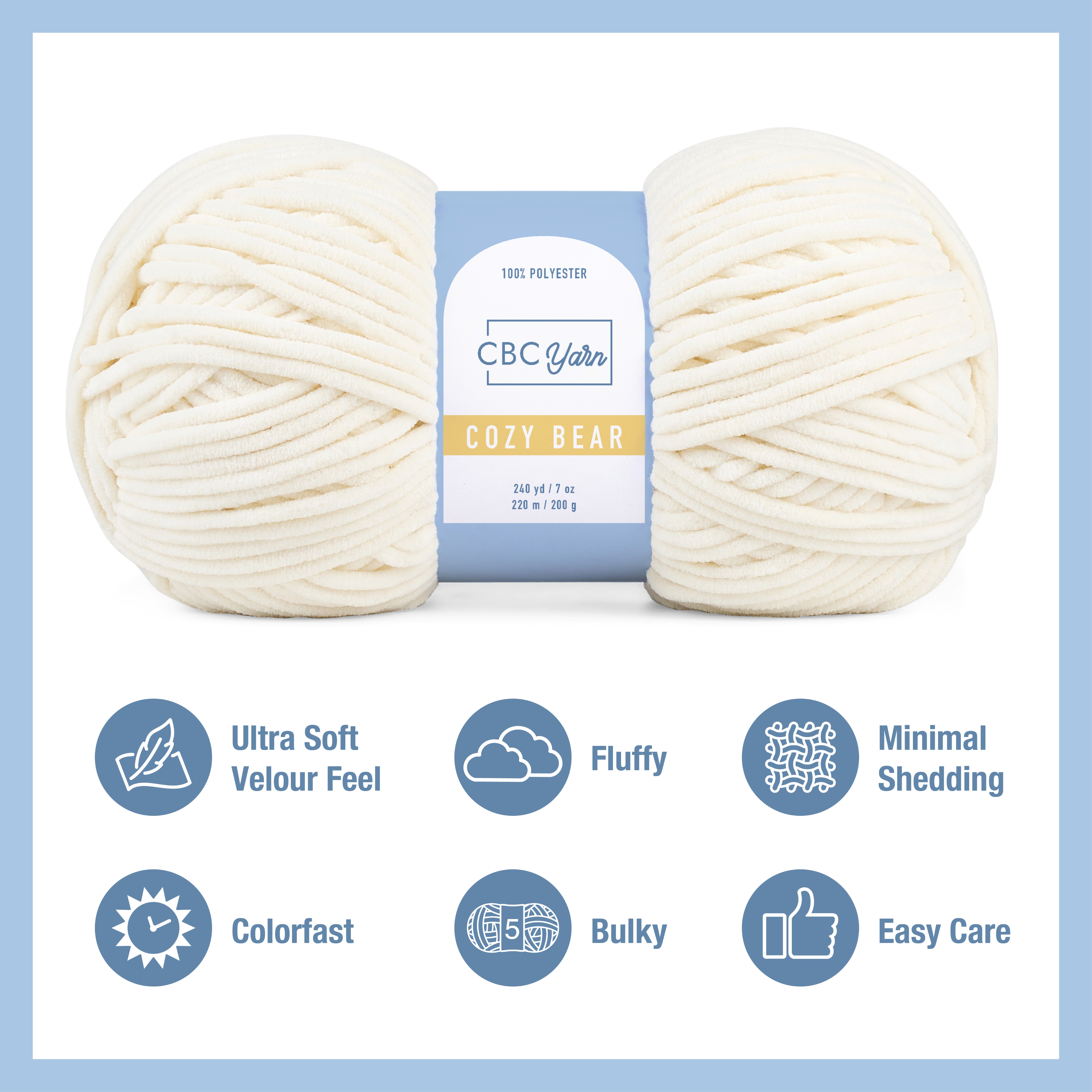 CBC Cozy Bear Gauge 5 Bulky Yarn - 6 Pack (7 oz / 200 g, 240 yards Each Skein), Ivory, Chenille Yarn for Crocheting, Knitting, and Amigurumi
