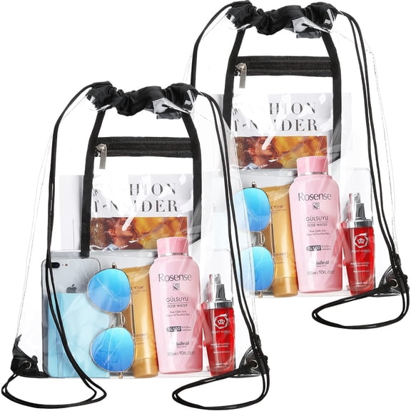 2 Pack Clear Drawstring Backpack, Stadium Approved Transparent PVC Bag with Zipper Pocket, See Through Gym Sack for Concerts, Sports, Travel, School and Work