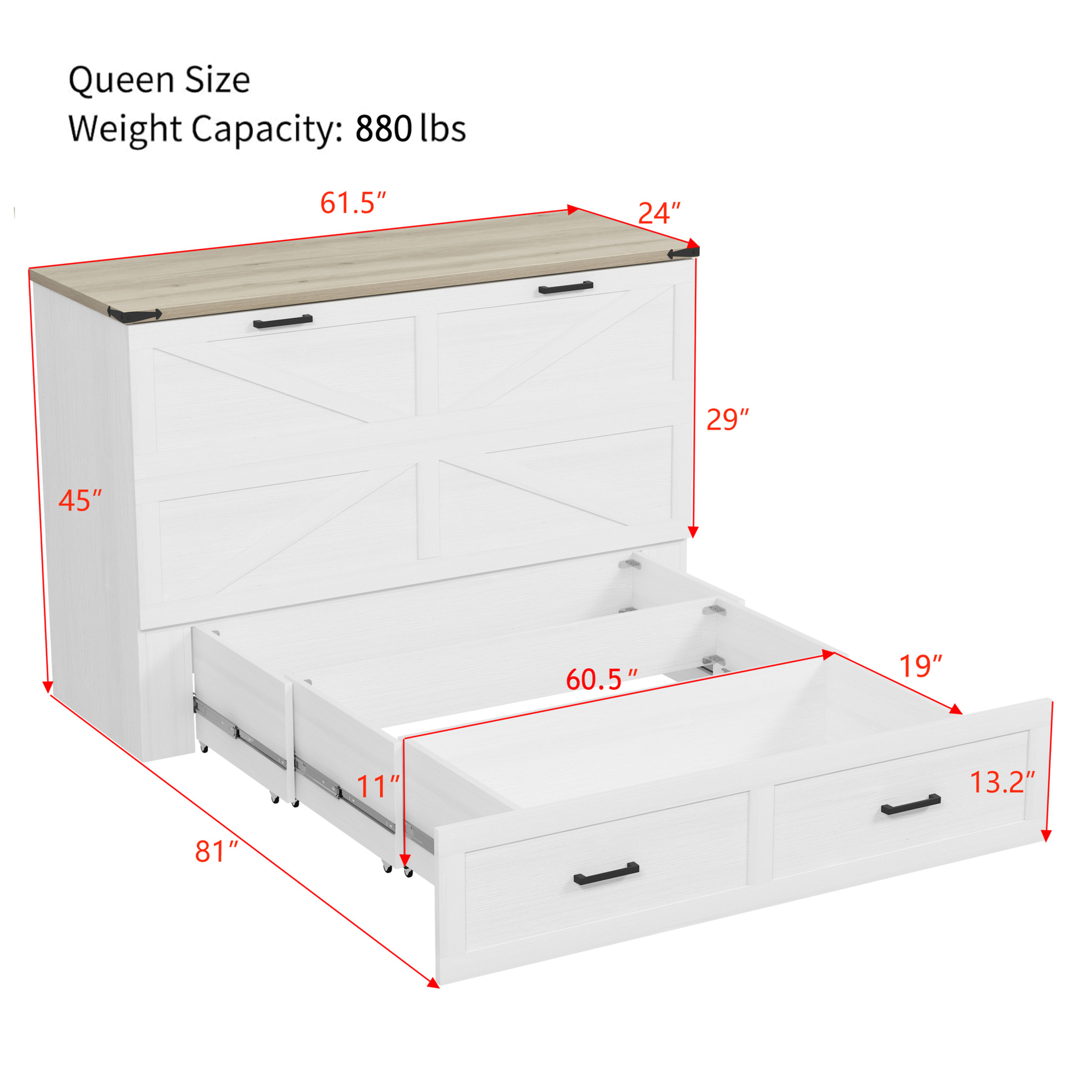 Noble House Queen Size Farmhouse Murphy Cabinet Bed with Charging Station and Storage Drawer, Foldable Platform Bed,White
