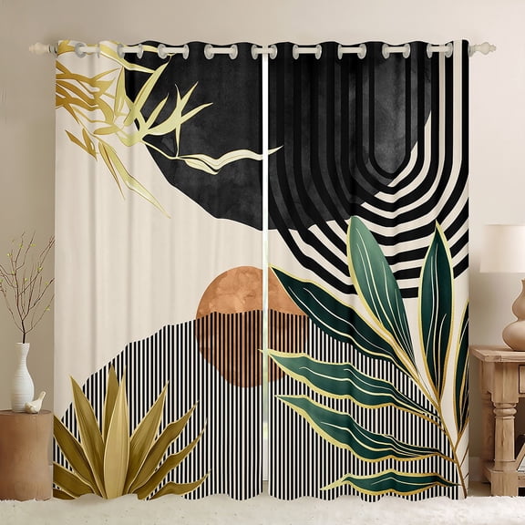 Manfei Beige Black Green Minimalist Black Out Curtains, Contemporary Geometric Curtains Pack of 2 (42x63 Each), Leaves Sun Print Bedroom Curtains, Luxury Bedroom Decor