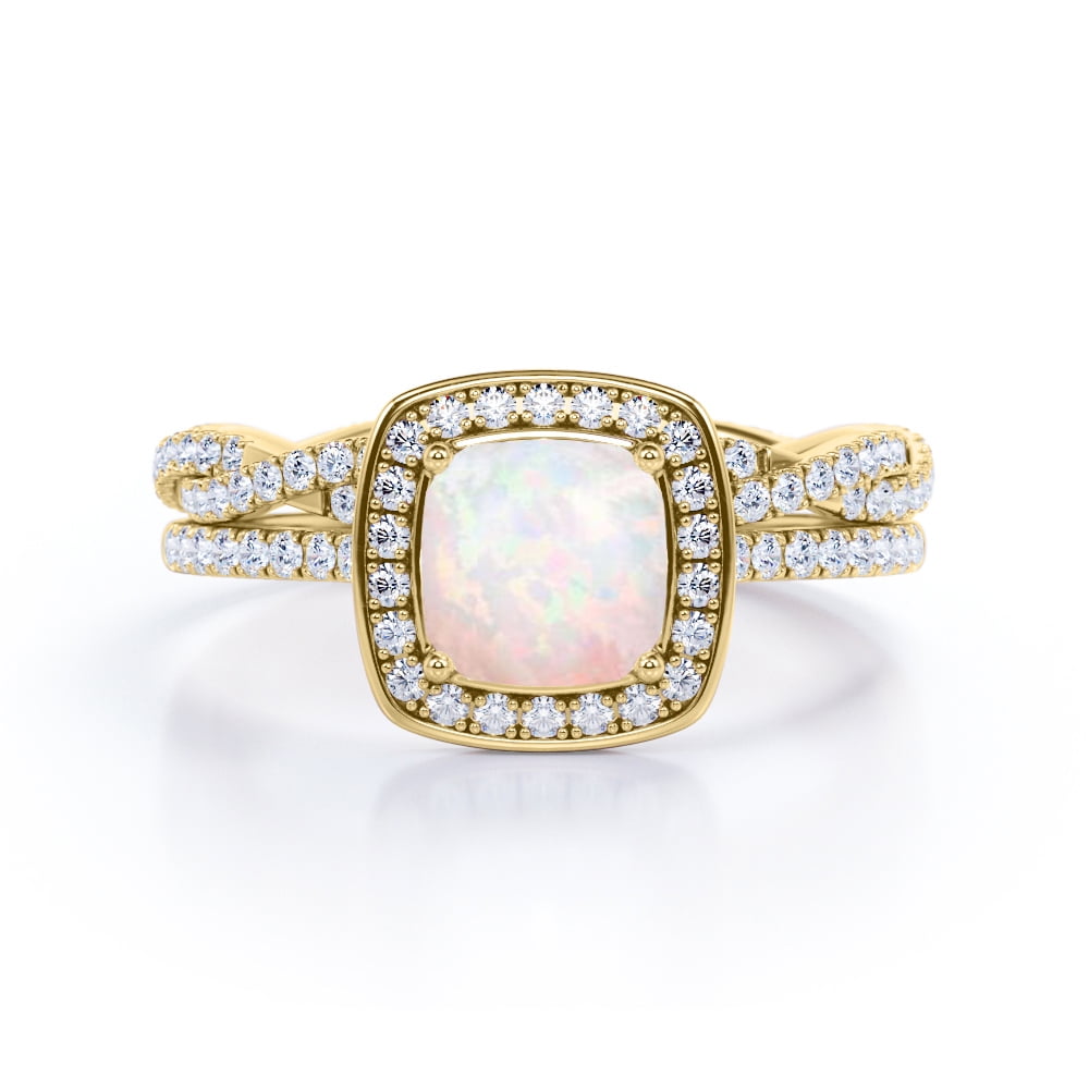 JeenMata Infinity Eternity Pave 1.75 carat Cushion Cut Andamooka Opal And Moissanite Pave-Channel Halo Wedding Ring Set In 18K Yellow Gold Plating Over Silver