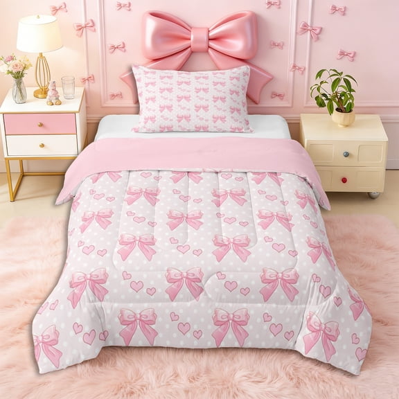 Erosebridal Princess Bowknot Twin Comforter Sets 3-Piece for Kids Girls,Polka Dots Love Heart Bedding Set for Teens,Pink Reversible,Microfiber Bedroom Decor