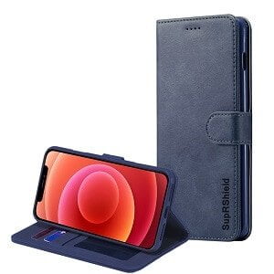 Apple iPhone 12 Mini Navy Blue Genuine SupRShield Wallet Leather Flip Stand Magnetic Case Cover