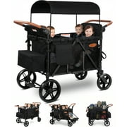 Vomeast Upgrade Wagon Stroller for 4 Kids, 4-Seater Baby Stroller Wagon with Canopy, 5-Point Harness, Adjustable Handle(Black)