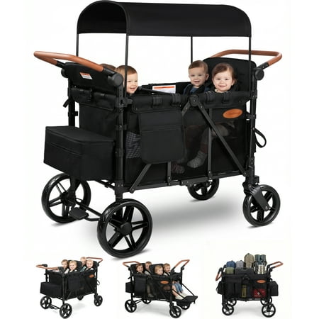 Vomeast Upgrade Wagon Stroller for 4 Kids, 4-Seater Baby Stroller Wagon with Canopy, 5-Point Harness, Adjustable Handle(Black)