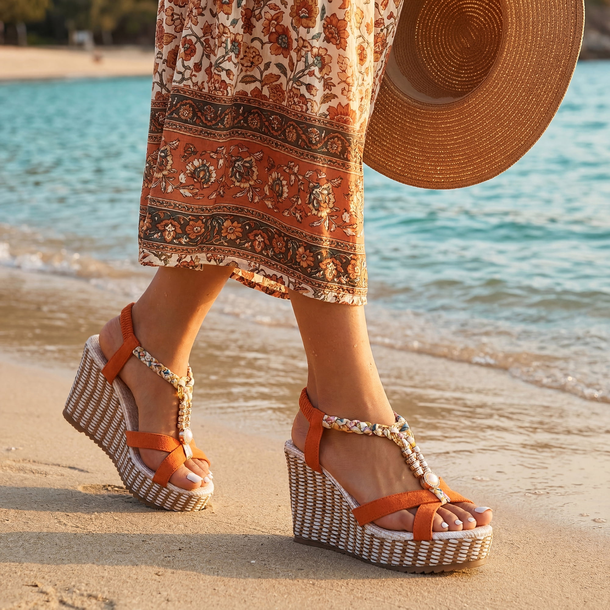DARING DIVA Women's Stylish Bohemia Pull on Platform Wedge Heel Sandals Orange-1 8.5