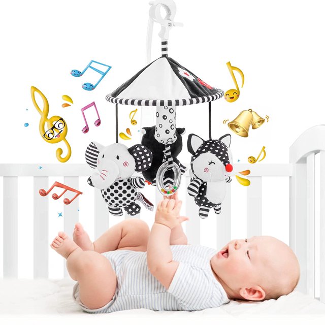 Juguetes para bebés de 0, 3, 6, 9 a 12 meses, juguetes para cochecito de recién nacidos, sonajeros colgantes para bebés, juguetes sensoriales de alto contraste en blanco y negro de felpa suave, cuna