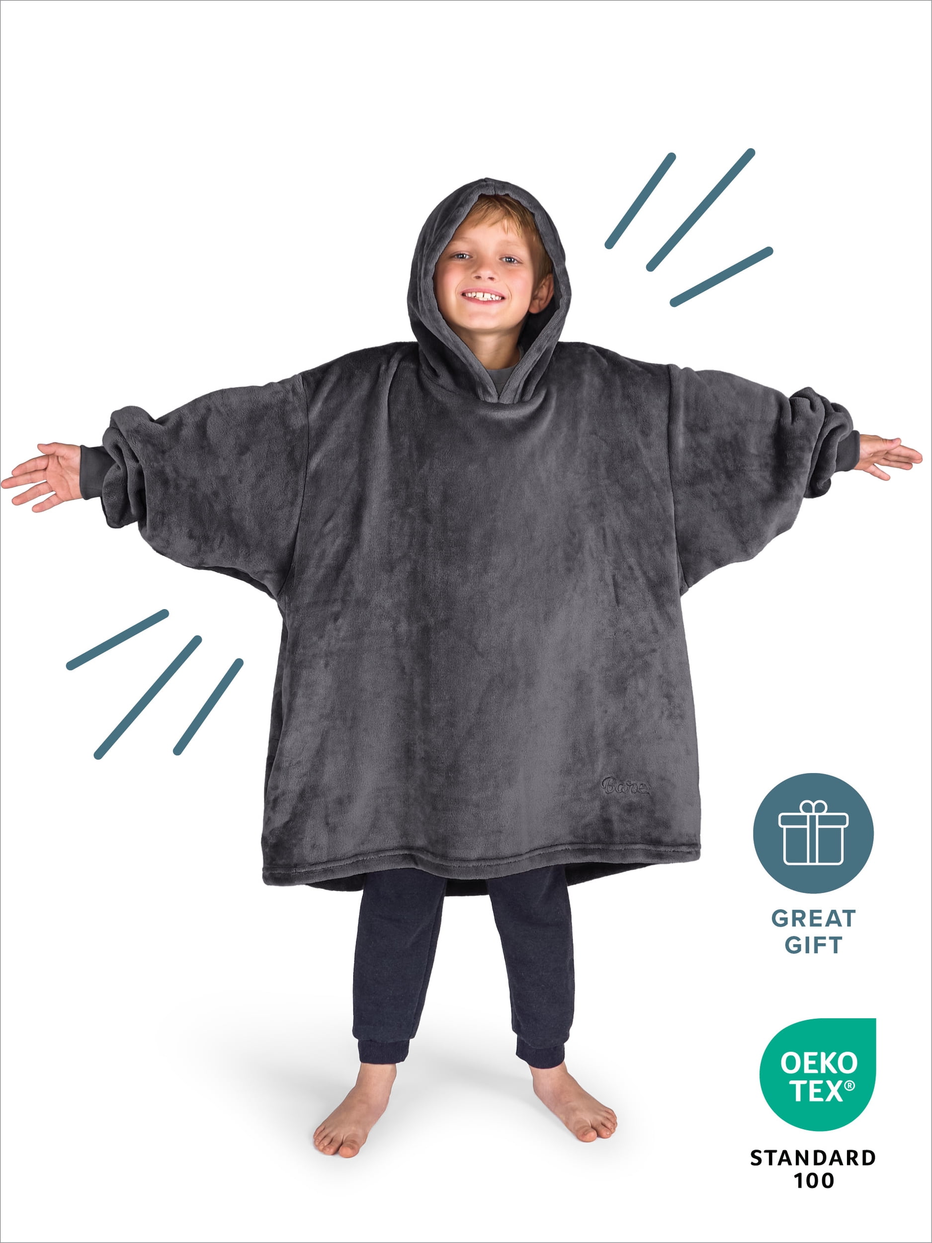 Bare Homey Kids Size Microplush Wearable Blanket - Side Pockets - Warm - Velvety Soft, Forged Iron Gray