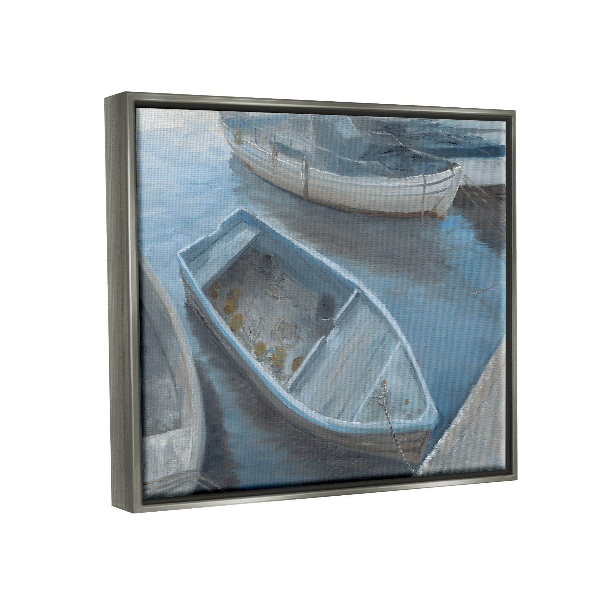 Stupell Docked Dinghy Boat Coastal Pier Landscape Painting Gray Floater Framed Art Print Wall Art