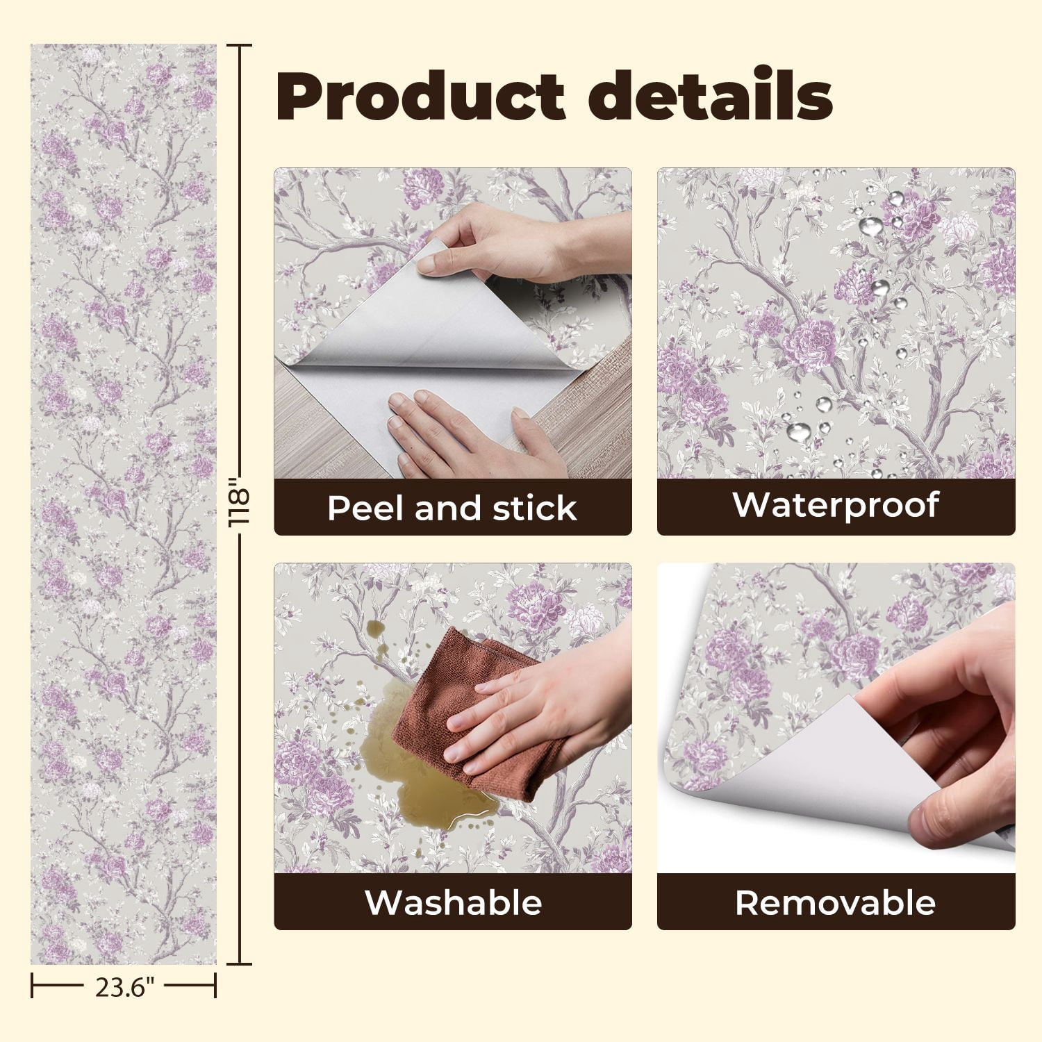 Peel and Stick Wallpaper Vintage Floral Lavender White Peonies Light Gray Wall Mural 23.6in x 9.8ft Self Adhesive Removable Wall Paper Renter Friendly Wallpaper for Girls Women Bedroom Livingroom