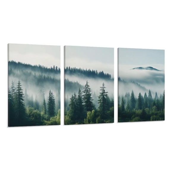 3 Piece Foggy Forest Canvas Wall Art For Living Room Wall Decorations For BedroomLandscape Painting Modern Home Decor Stretched And Framed Ready To Hang Pictures 16x24 inch 3pcs