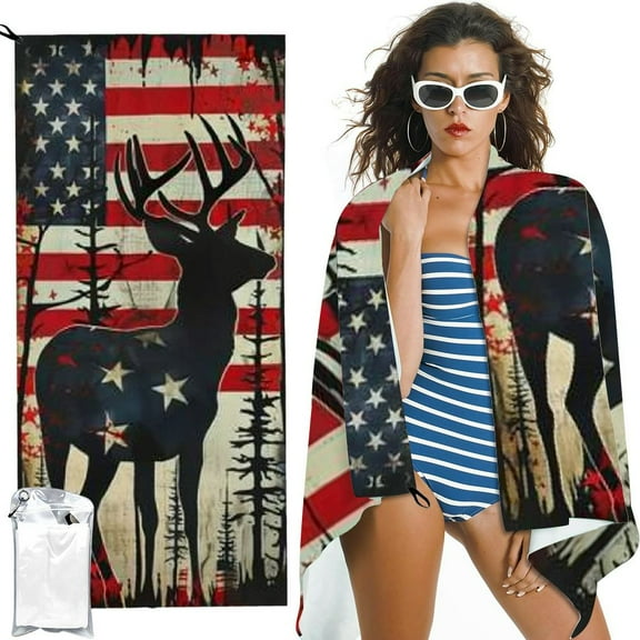 BCIIG American Deer Beach Towel  Microfiber Quick Dry Bath USA Flag Funny Big Towels Soft Lightweight Pool Retro Oversized Towels Sand Free Travel Swimming Decor Gifts for Men Adults 27.5x55in