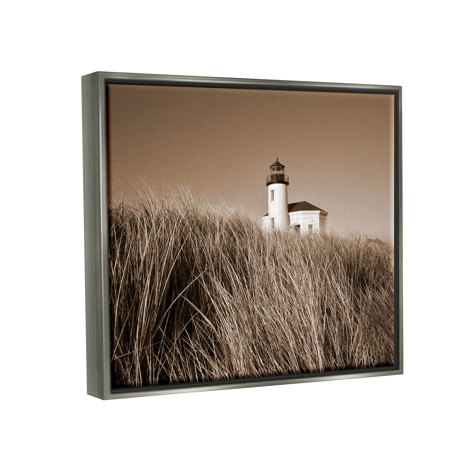 Stupell Industries Seaside Lighthouse Beach Grasses Photography Coastal Photography Gray Floater Framed Art Print Wall Art