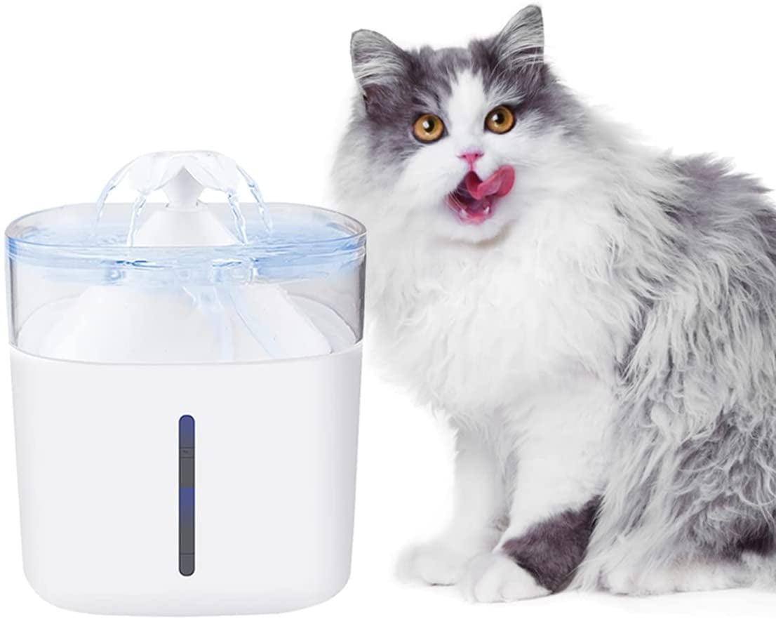 Battery Operated Cat Water Fountain Automatic Water Dispenser for Cats Outside/Inside Super Quiet 2L,White Cat Drinking Fountain Dog Water Bowl with Stainless Steel Top Auto ON/Off Sensor 