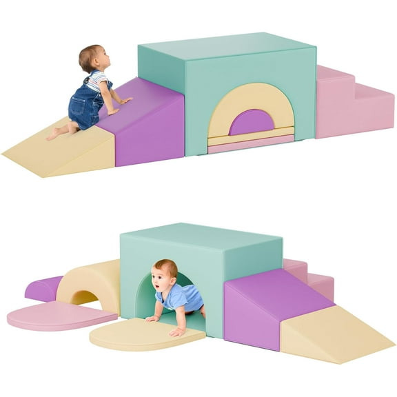 Soft Foam Climbing Blocks Set – Large 5-in-1 Soft Play Toys Crawling & Sliding Climbing Arch for Toddlers, Foam Playset for Nursery,Preschool,Pink