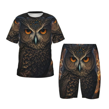Luyuia Classical Style Brown Owl Print Girls  2-Piece Tie-Dye Pajama Set  Cute Summer Loungewear with Shirt and Tank Shorts Nightwear-XX-Large