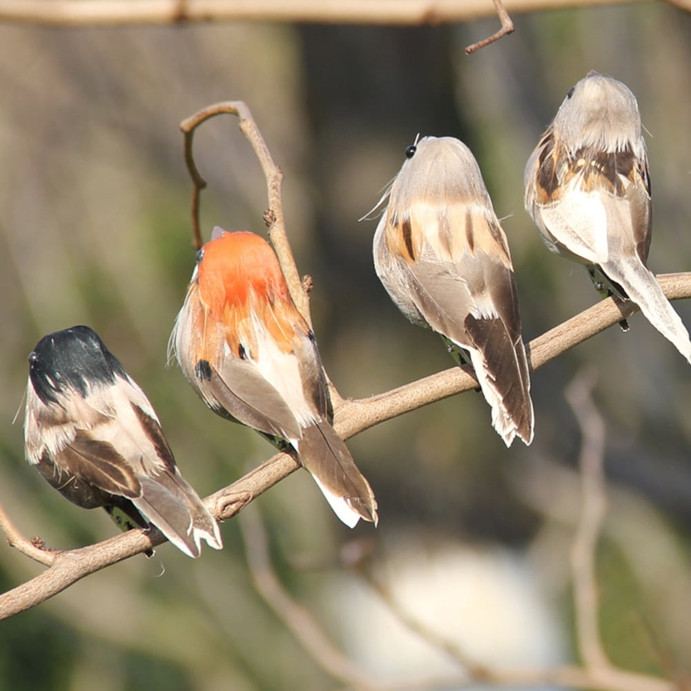 6pcs Artificial Feather Bird Xmas-Tree Decor Perched Woodland Birds Ornament