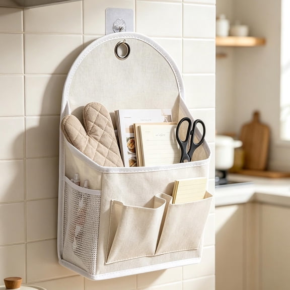 Over The Door Organizer Wall Mounted Storage Pouch Fabric Multi-Pocket Rack For Cosmetics Sundries Bedroom White 16.14 Inch