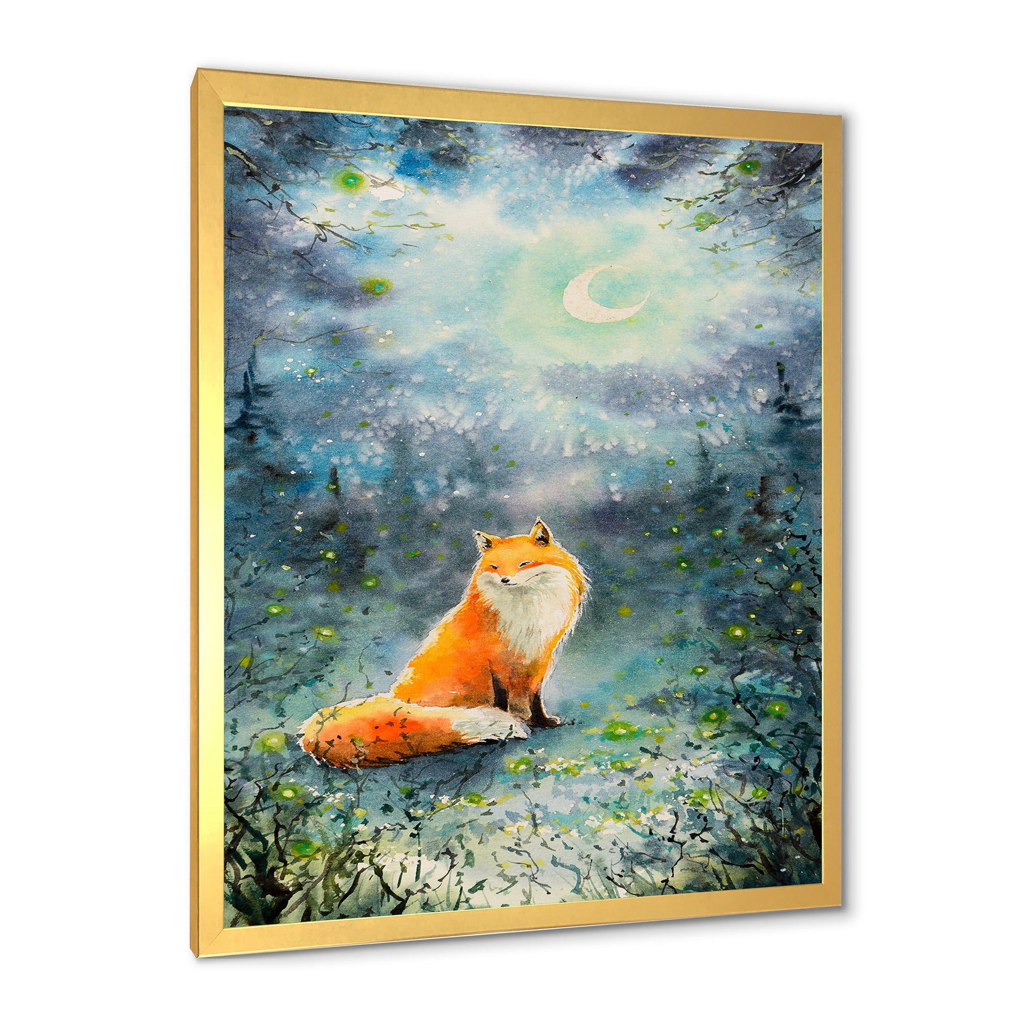 Designart 'Fox Over A Night Sky With Moon' Children's Art Framed Art Print