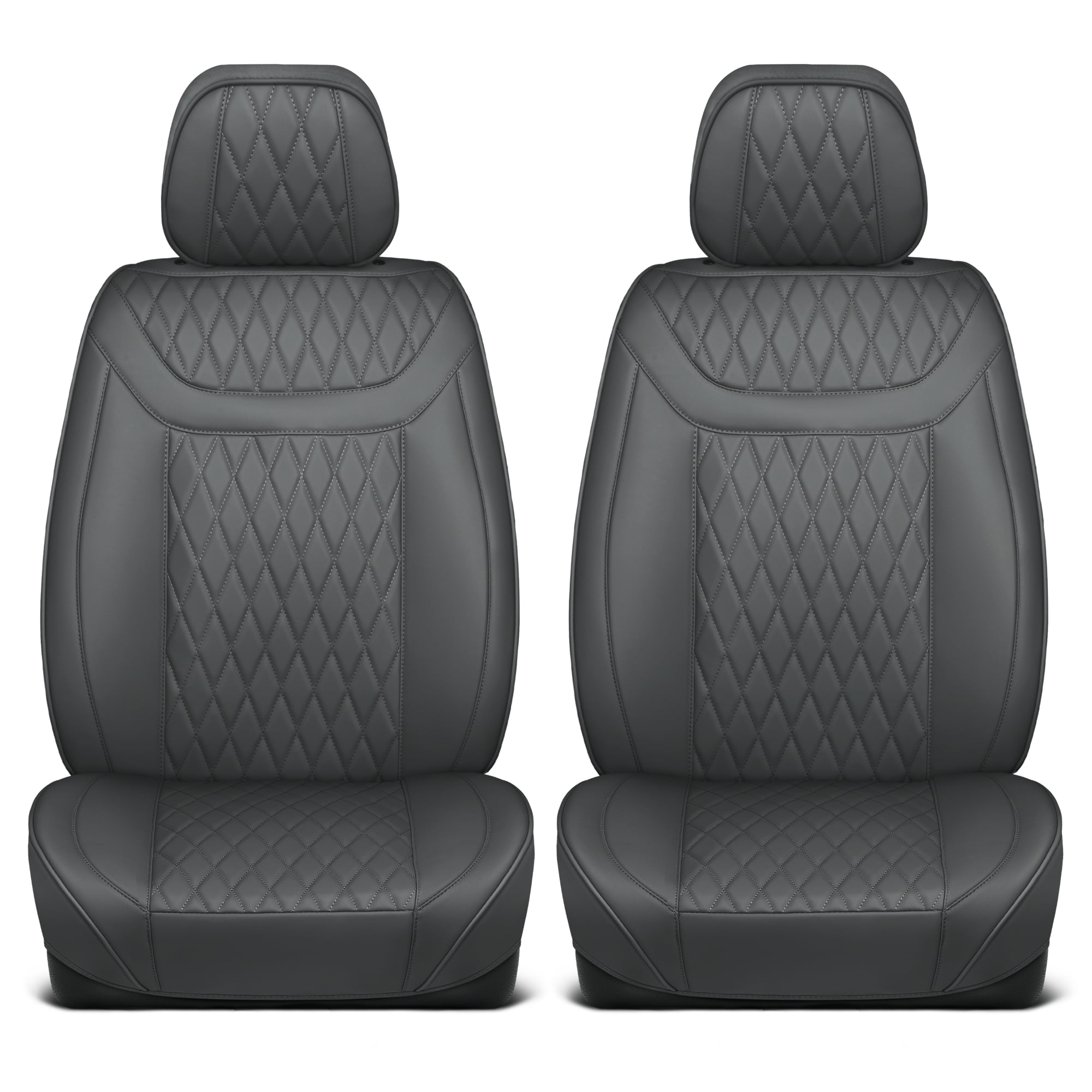 MotorBox Car Seat Covers - Ranch Leatherette Faux Leather Charcoal Seat Covers for Car - Diamond Stitched Cushioned Interior Protectors for Automotive Accessories Trucks, SUV, Cars - Two Front Covers