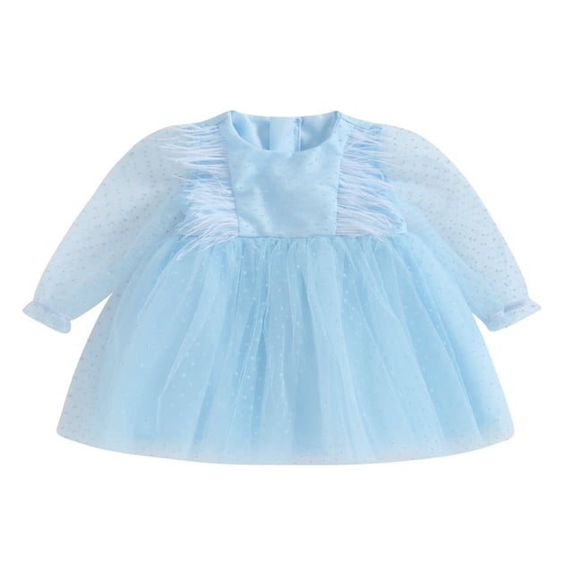 EIMELI Robe Tutu en Tulle pour Bébé Fille, Robe Courte à Manches Longues pour Tout-Petit avec Garniture en Plumes, Robe de Fête Princesse d'Automne à Col Rond
