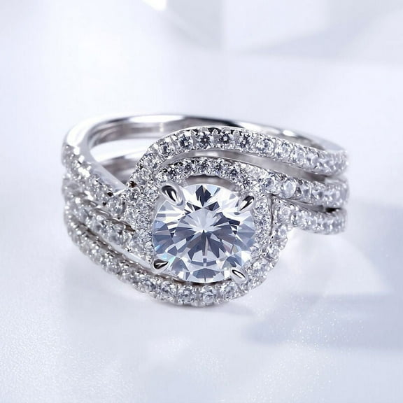Bow Jewel 1.77 Ct Round Cut Lab Created Simulate Bridal Rings - 14K White Gold Plated Trio Set Wedding Rings - Elegant Rings with Two Matching Bands for Women's - Perfect Party Wear Diamond Rings