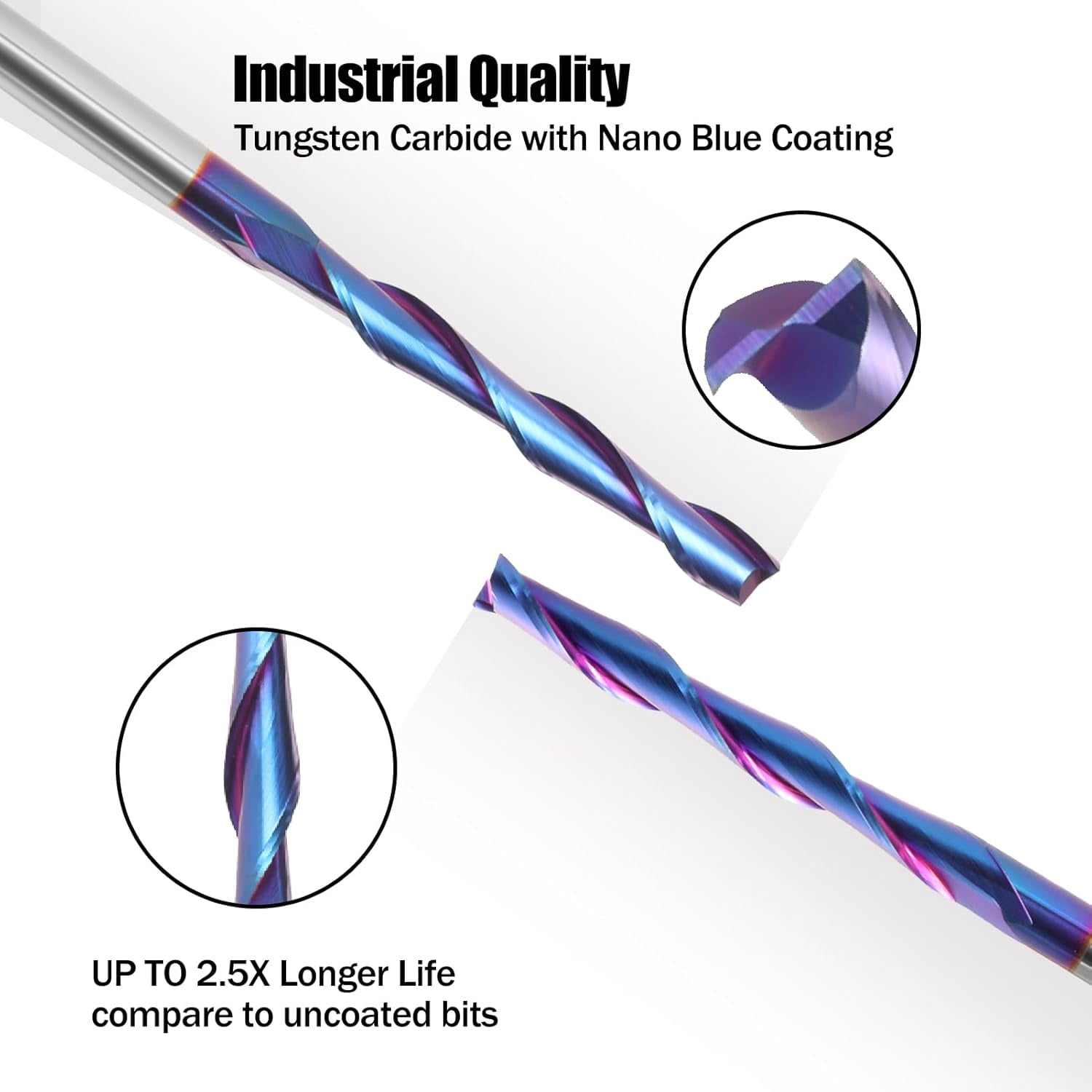 ABPETE Extra Long CNC Spiral Router Bits Up Cut 1/4 inch Shank, 2 inch Cutting Length，1/4 Carbide End Mill, 4 Inch Total Length Nano Blue Coated Spiral CNC Router Bit for Wood Carving