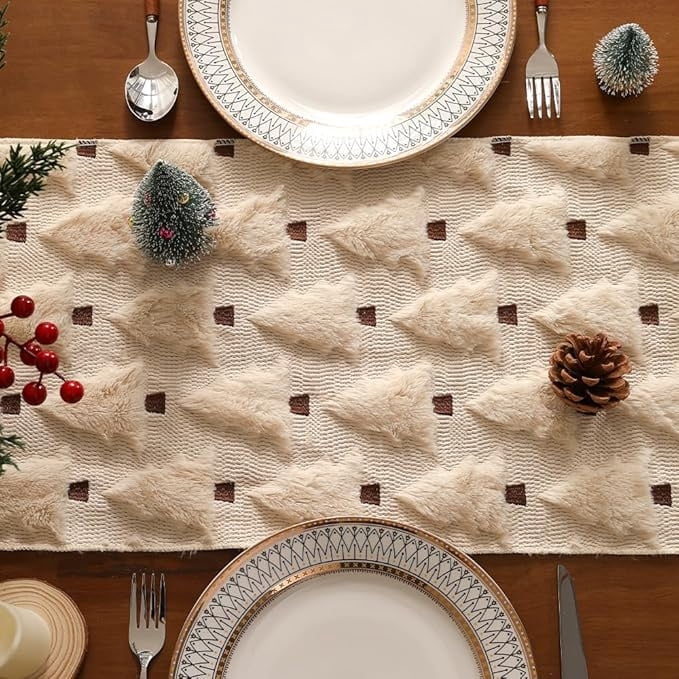 13x108 Inch Soft Plush Faux Fur Jacquard Beige Christmas Tree Table Runner, Seasonal Autumn Kitchen Dining Table Decoration for Home Party Decor