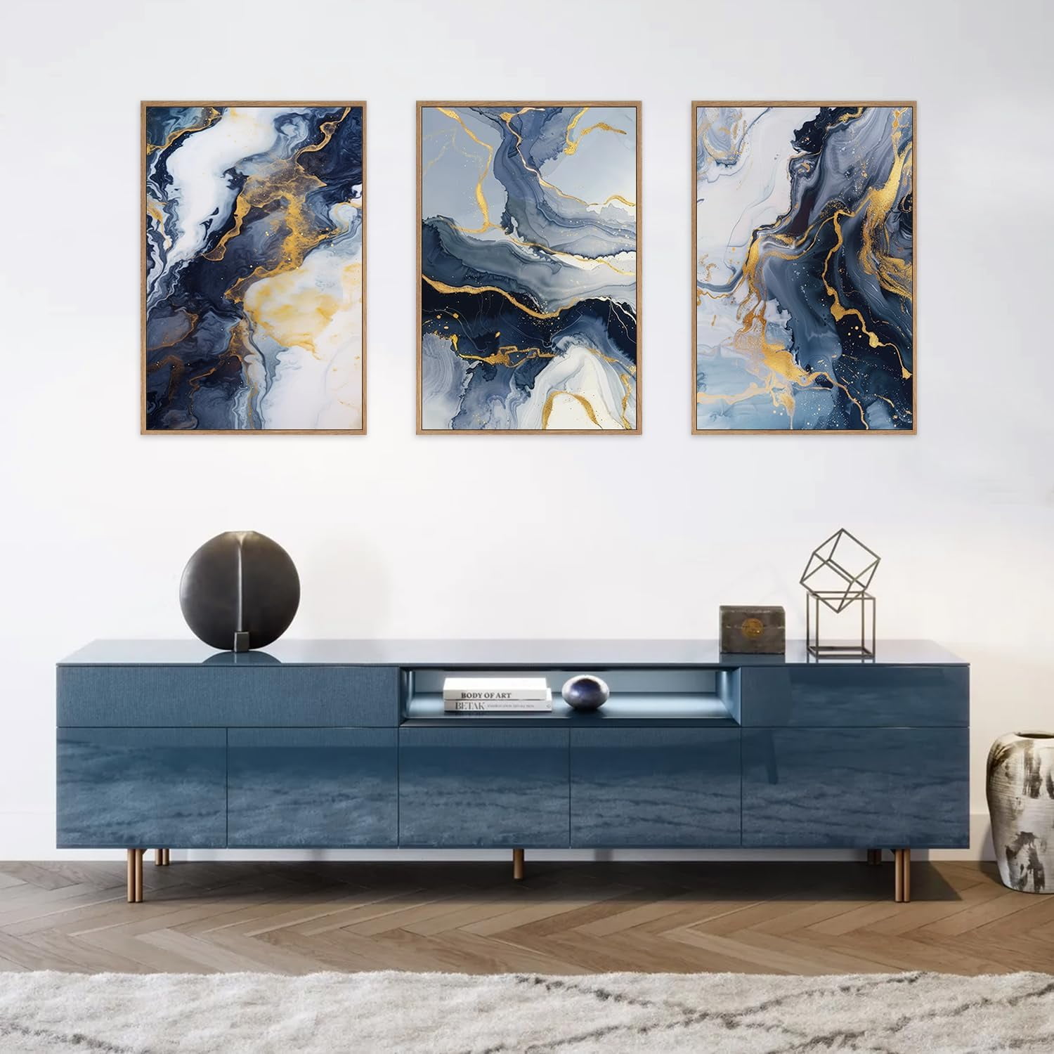 Blue Abstract Framed Canvas Wall Art Set, Blue Golden Aesthetic Wall Decor, Navy Blue Gold Wall Painting, Neutral Modern Art Print for Living Room, Bedroom, Dining Room, Office 16"x24"x3