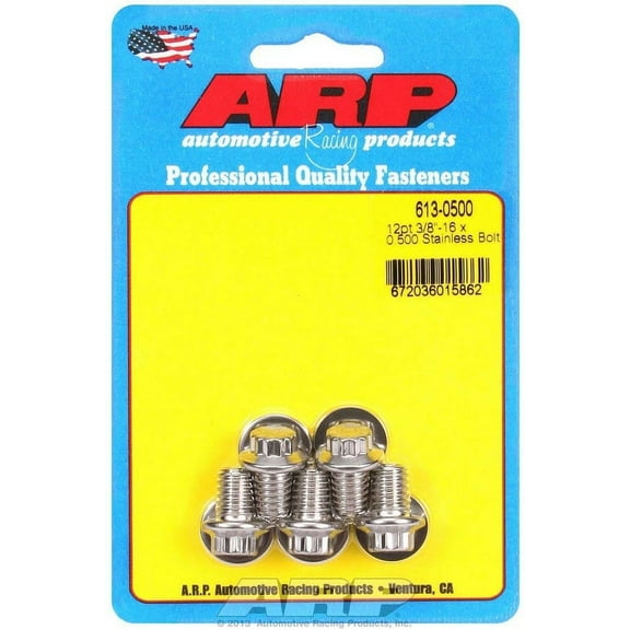 ARP 613-0500 Stainless Steel 3/8-16 RH Thread 0.500 UHL 12-Point Bolt with 3/8 Socket and Washer (Set of 5)