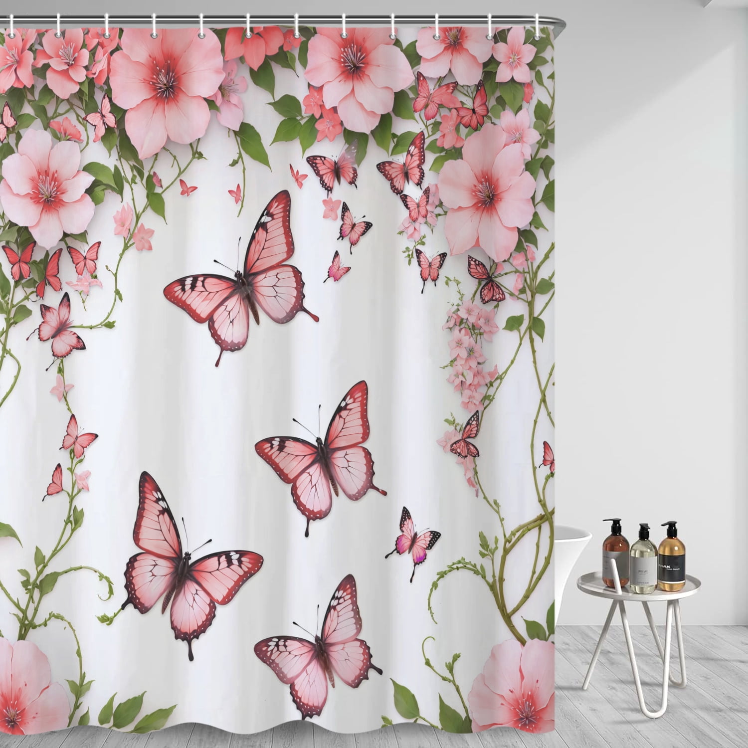 SUNOLIFE Pink Butterfly Shower Curtain，Spring Floral Fabric Bathroom Curtain with Hooks,60x72 in