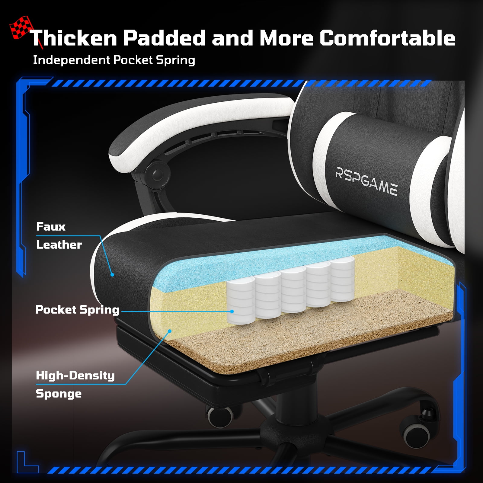RSPGame Ergonomic Gaming Chairs for Adults,Pocket Spring Cushion,PU Leather Office Chairs with Lumbar Support and Retractable Footrest,Home and Office Computer Chairs-White Racing