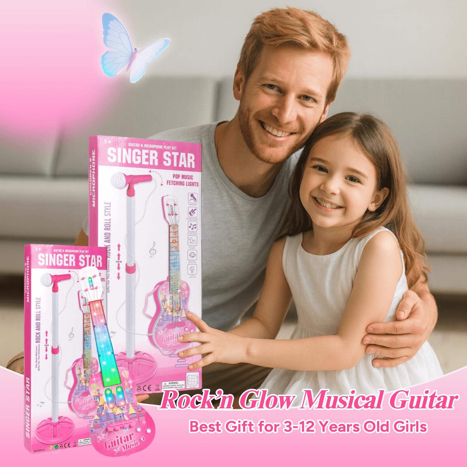 Liegorji Guitar and Microphone Toys Set, Musical Instruments with Adjustable Stand, Birthday Gifts for 1-3 3-5 5-8 Year Old
