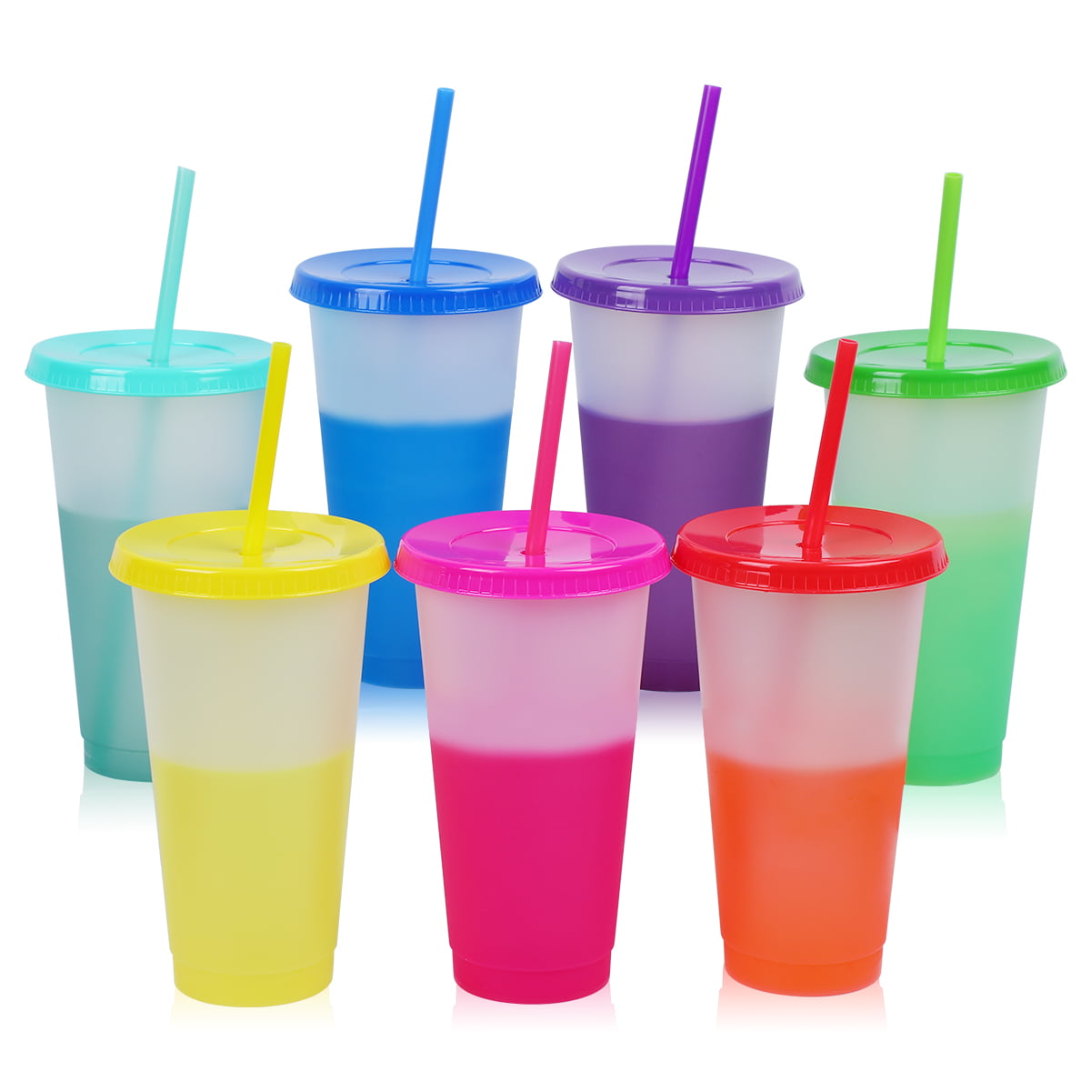 Color Changing Cups with Lids and Straws for Adults - 7 Reusable